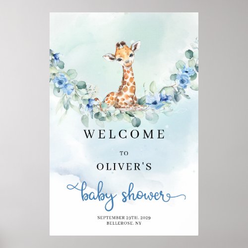 Baby giraffe blue flowers Boy Baby Shower Welcome Poster