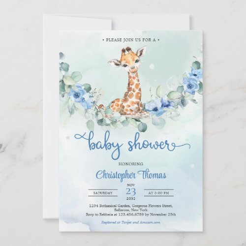 Baby giraffe blue flowers eucalyptus Baby Shower Invitation
