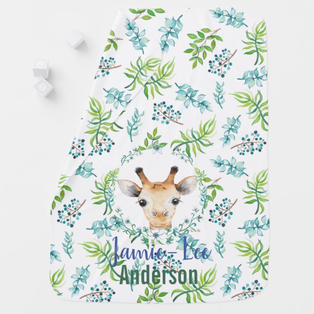 Baby GIRAFFE Blue Leaves Boys Named Swaddle Baby Blanket (In Situ)