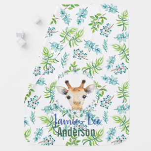 Baby GIRAFFE Blue Leaves Boys Named Swaddle Blanket