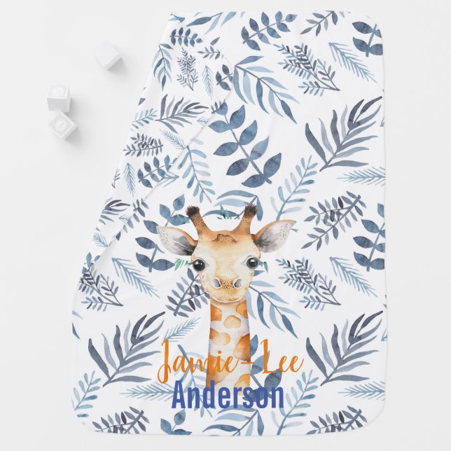 Baby GIRAFFE Blue Leaves Orange Named Swaddle Baby Blanket (In Situ)