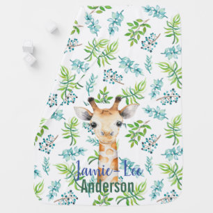 Baby GIRAFFE Blue Mint Flowers Named Swaddle Blanket