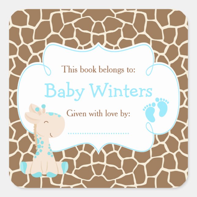 Baby Giraffe Blue Shower Bookplate (Front)