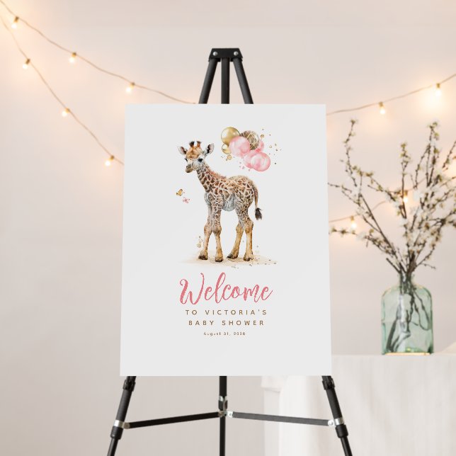 Baby Giraffe Cute Modern Pink and Brown Welcome Foam Board (In Situ (Stand))