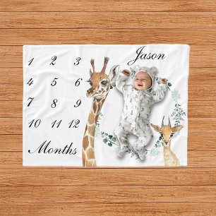 Baby Giraffe Deer Infant Milestone Watercolor Fleece Blanket