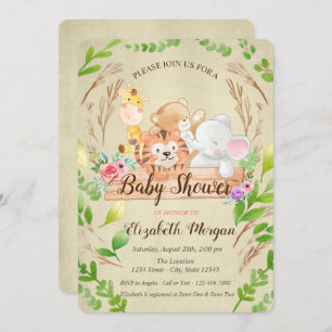 Baby Giraffe,Elephant,Bear,Tiger Leaf Baby Shower Invitation