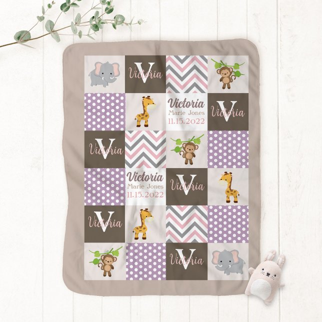 Baby Giraffe Elephant Monkey Safari Personalized  Baby Blanket (Creator Uploaded)