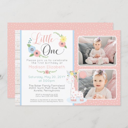 Baby Giraffe First Birthday Floral Photo Collage Invitation