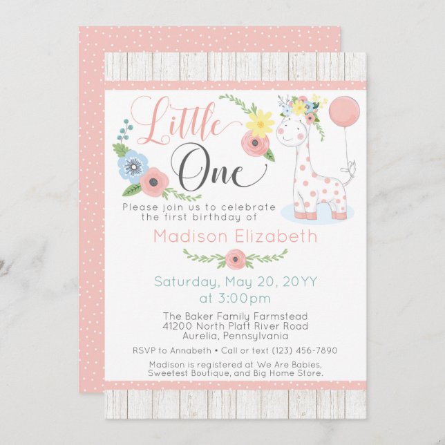 Baby Giraffe First Birthday Floral & Rustic Wood Invitation (Front/Back)