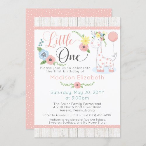 Baby Giraffe First Birthday Floral  Rustic Wood Invitation