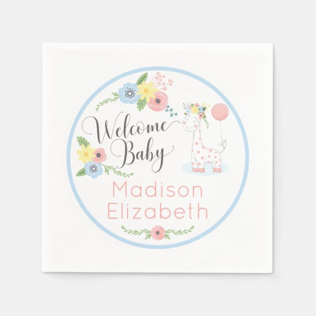 Baby Giraffe Floral Calf Welcome Baby Shower Party Napkins (Front)