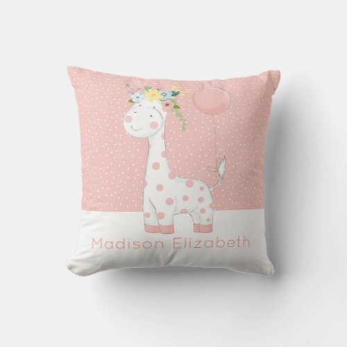 Baby Giraffe Floral Crown Custom Name Nursery Throw Pillow