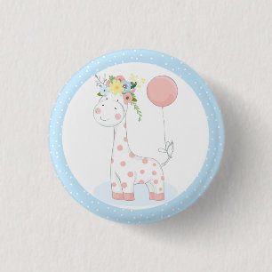 Baby Giraffe Floral Crown Pastel Pink Farm Zoo Button