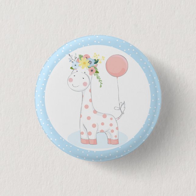 Baby Giraffe Floral Crown Pastel Pink Farm Zoo Button (Front)