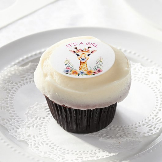 Baby Giraffe Floral, It's a Girl  | Baby Shower Edible Frosting Rounds (Cupcake)