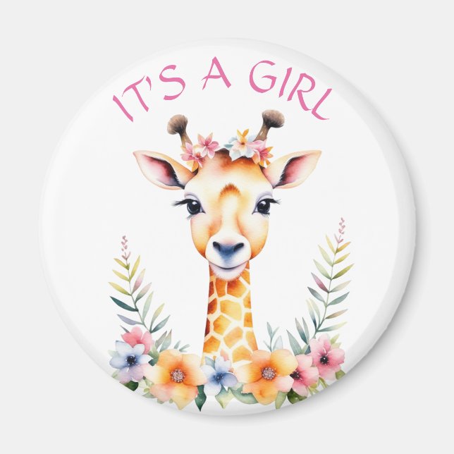 Baby Giraffe Floral, It's a Girl  | Baby Shower Magnet (Front)