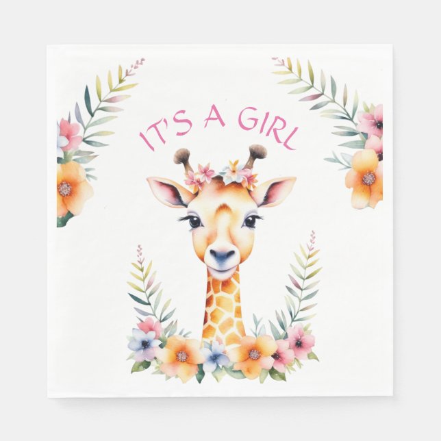 Baby Giraffe Floral, It's a Girl  | Baby Shower Napkins (Front)