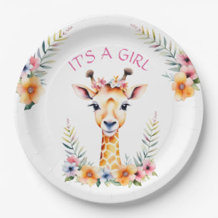 Baby Giraffe Floral, It's a Girl Baby Shower Paper Plates