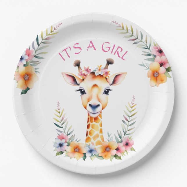 Baby Giraffe Floral, It's a Girl  | Baby Shower Paper Plates (Front)