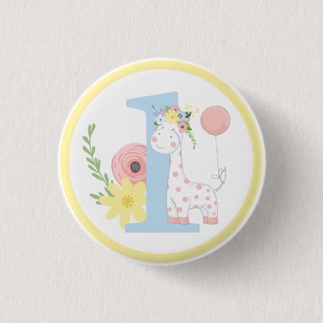 Baby Giraffe Floral Number One 1st Birthday Party Button (Front)