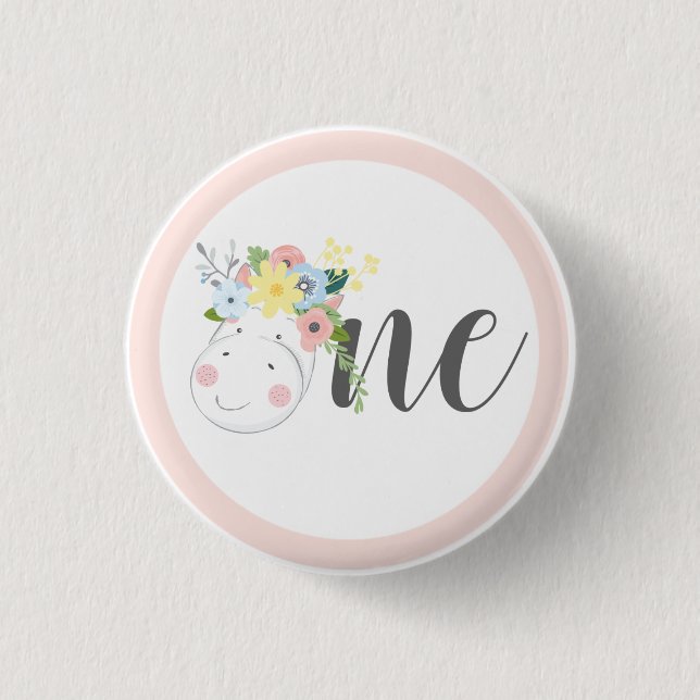 Baby Giraffe Floral Number One 1st Birthday Party Button (Front)
