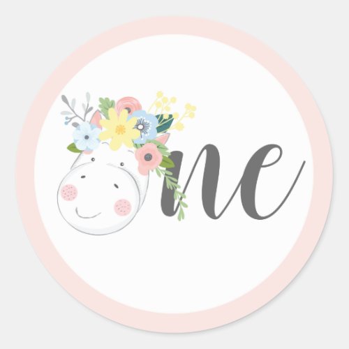 Baby Giraffe Floral Number One 1st Birthday Party Classic Round Sticker