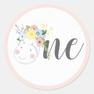 Baby Giraffe Floral Number One 1st Birthday Party Classic Round Sticker