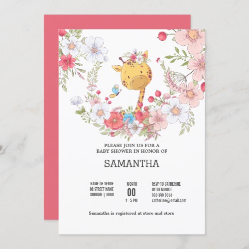 Baby giraffe floral wreath cute butterfly pink invitation