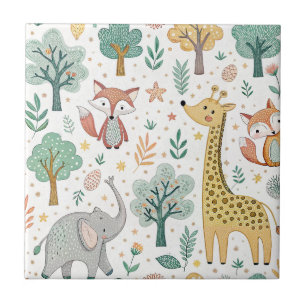 Baby Giraffe, Fox & Elephant Cute Cartoon Animals Ceramic Tile