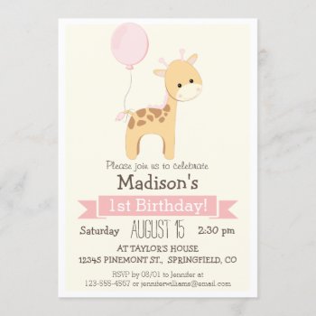 Baby Giraffe Girl's Birthday Party Invitation by Card_Stop at Zazzle