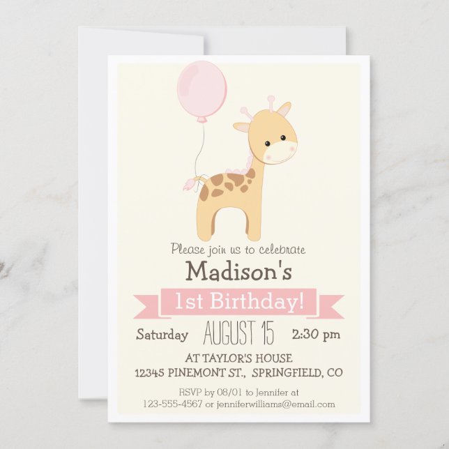 Baby Giraffe Girl's Birthday Party Invitation (Front)