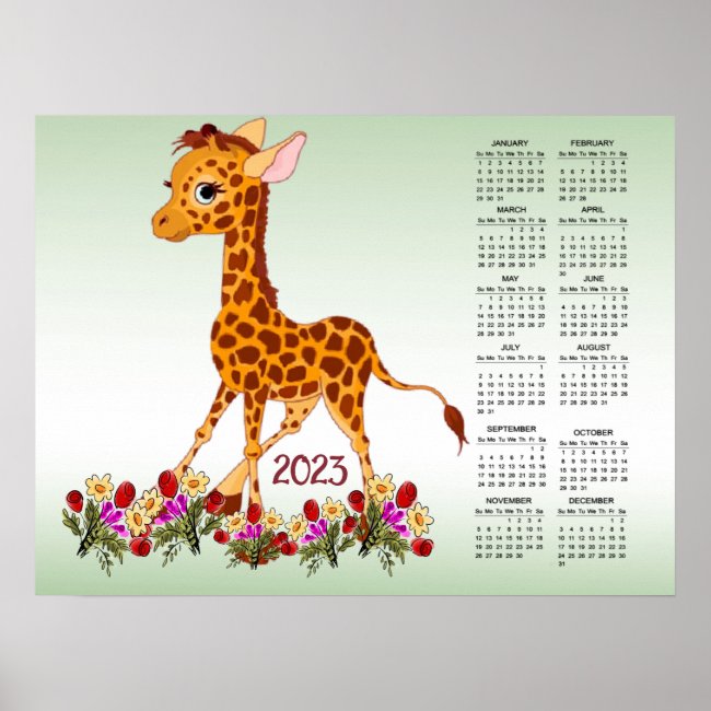 Baby Giraffe in Flowers 2023 Calendar Poster