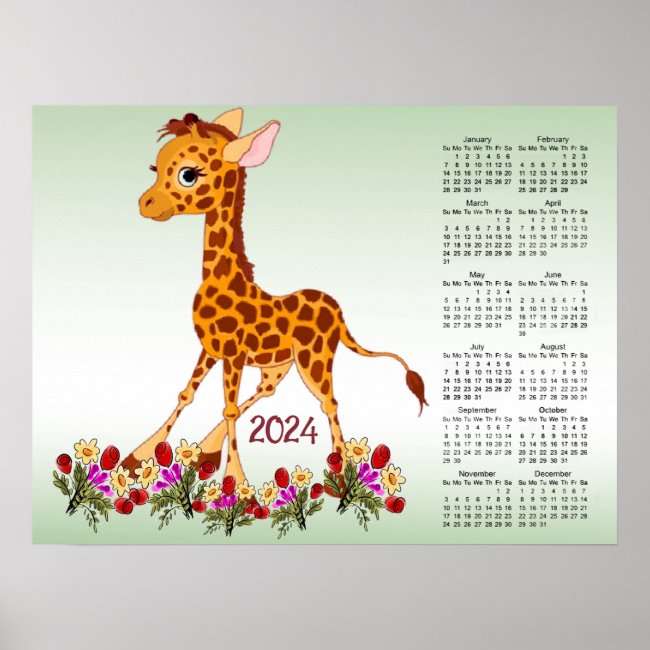 Baby Giraffe in Flowers 2024 Calendar Poster