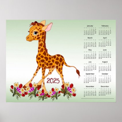 Baby Giraffe in Flowers 2025  Calendar Poster