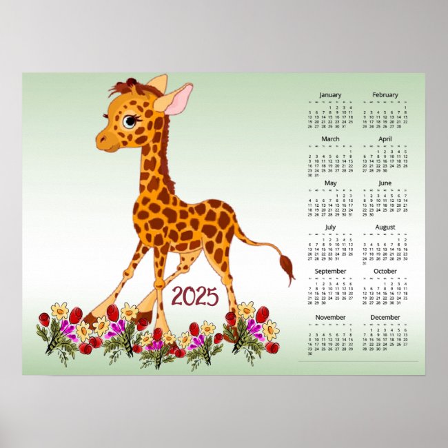 Baby Giraffe in Flowers 2025 Calendar Poster