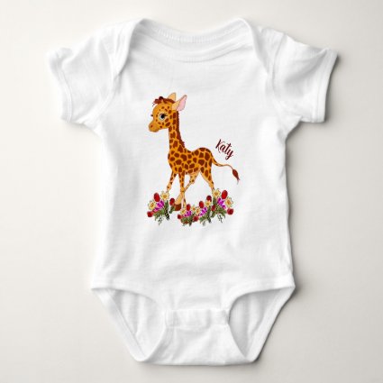Baby Giraffe in Flowers Baby Bodysuit