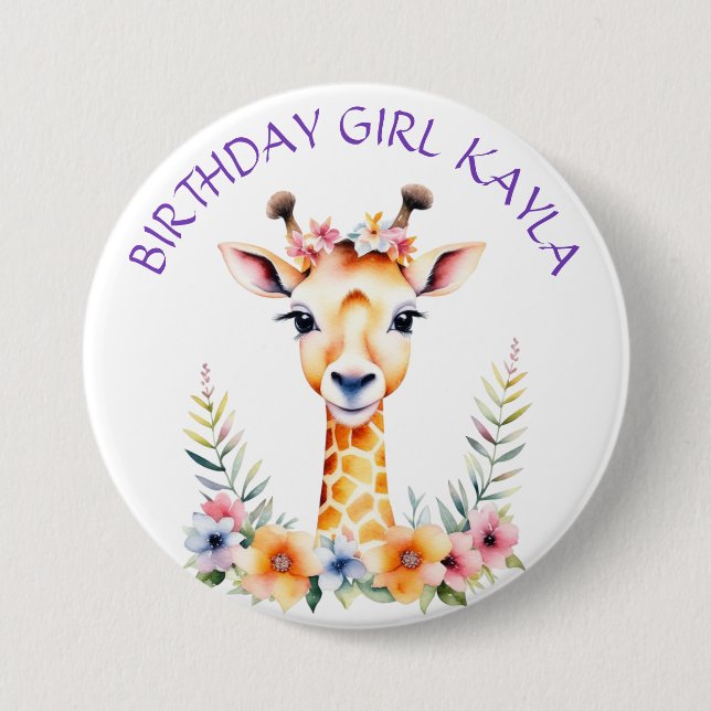 Baby Giraffe in Flowers Girl's Birthday Party Button (Front)