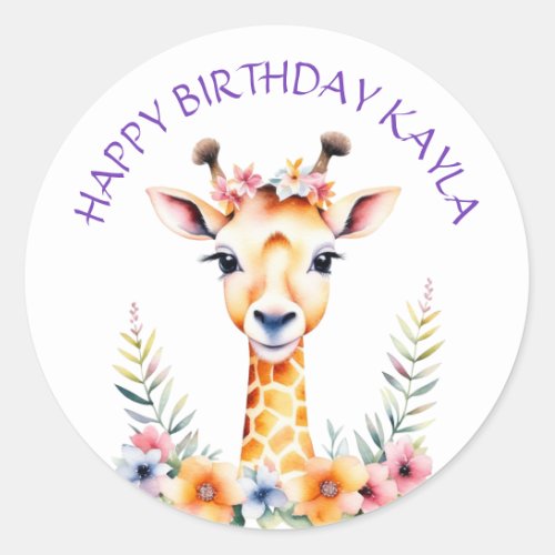 Baby Giraffe in Flowers Girls Birthday Party Classic Round Sticker