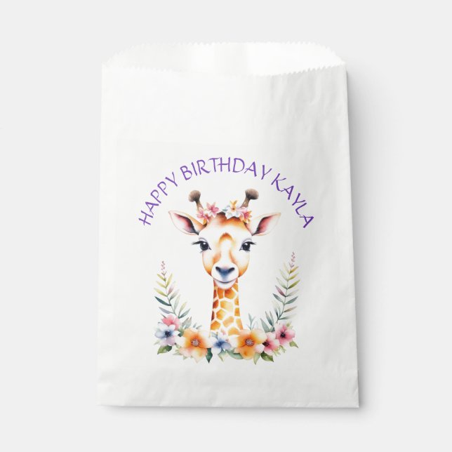 Baby Giraffe in Flowers Girl's Birthday Party Favor Bag (Front)