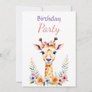 Baby Giraffe in Flowers Girl's Birthday Party Invitation