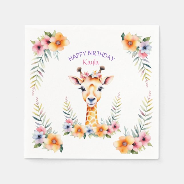 Baby Giraffe in Flowers Girl's Birthday Party Napkins (Front)