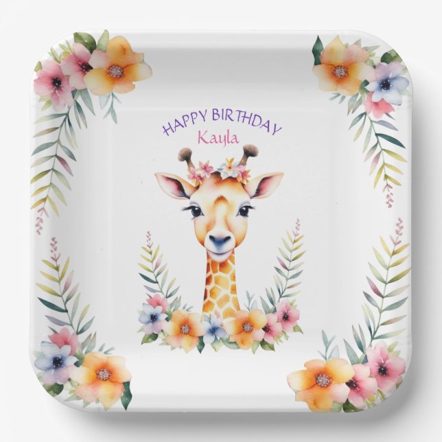 Baby Giraffe in Flowers Girl's Birthday Party Paper Plates (Front)