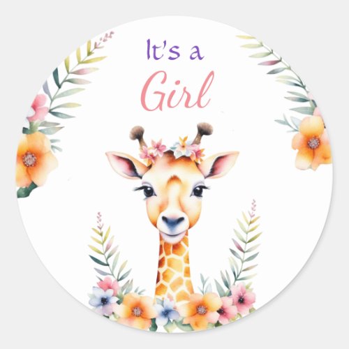 Baby Giraffe in Flowers Its a Girl  Baby Shower Classic Round Sticker