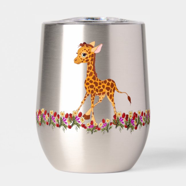 Baby Giraffe in Flowers Thermal Wine Tumbler