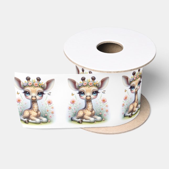 Baby Giraffe In Pink Flowers Satin Ribbon (Spool)