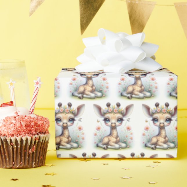 Baby Giraffe In Pink Flowers Wrapping Paper (Birthday Party)