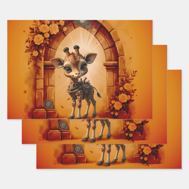 Baby giraffe in steampunk-cartoon wrapping paper sheets (Set)