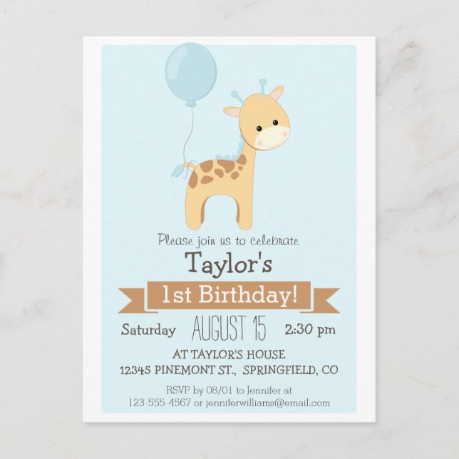 Baby Giraffe Kid's Birthday Party Invitation Postcard (Front)