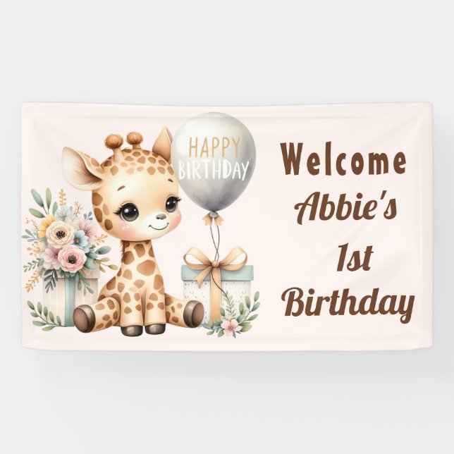 Baby Giraffe Little Girl's 1st Birthday Welcome Banner (Horizontal)