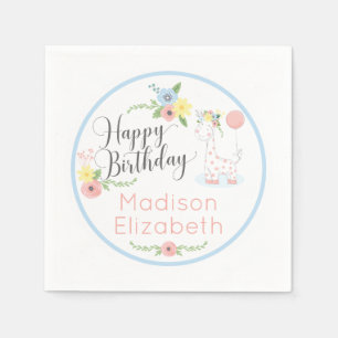 Baby Giraffe Pink Floral Happy 1st Birthday Party Napkins